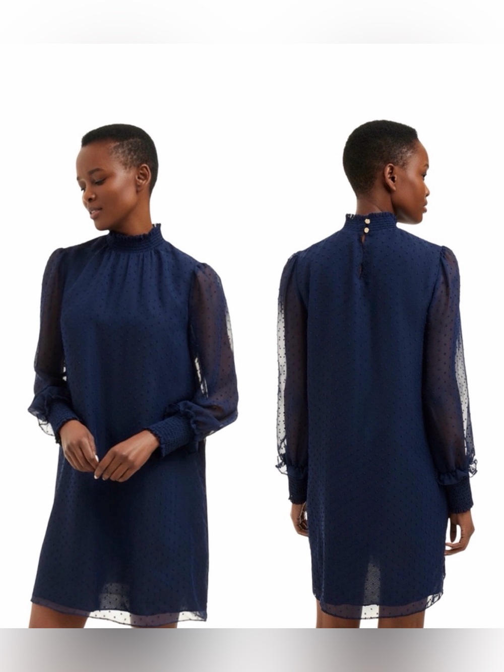 Draper James Women's Large‎ Dress Swiss Dot Long Sleeve Smocked High Neck Dainty